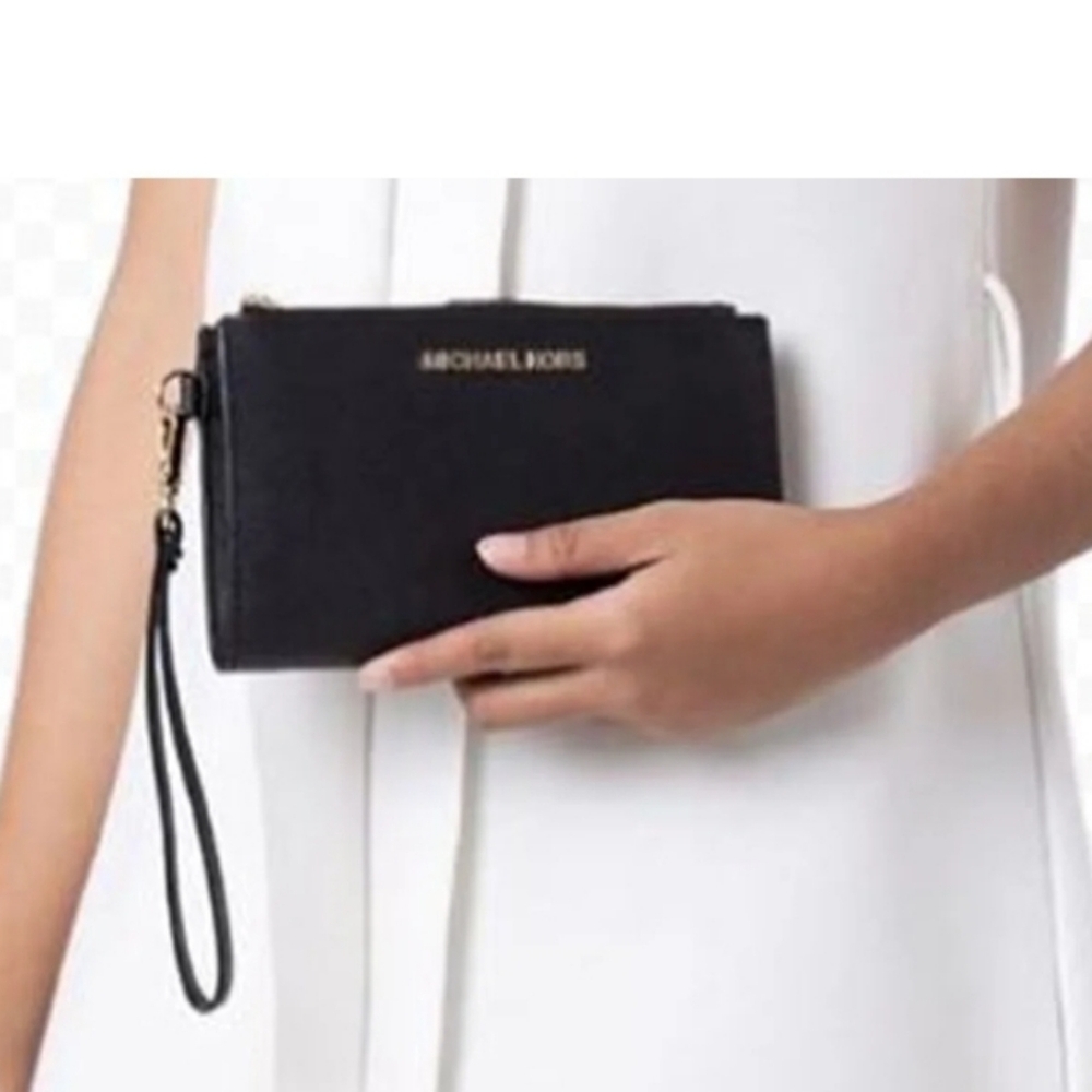 Michael Kors Jet Set Travel Double Zip Wristlet Black Saffiano Wallet Leather - Picture 8 of 15